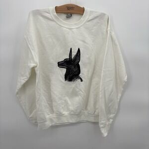 Handmade Embroidered White Crewneck Sweatshirt With Dog Silhouette Size Medium‎